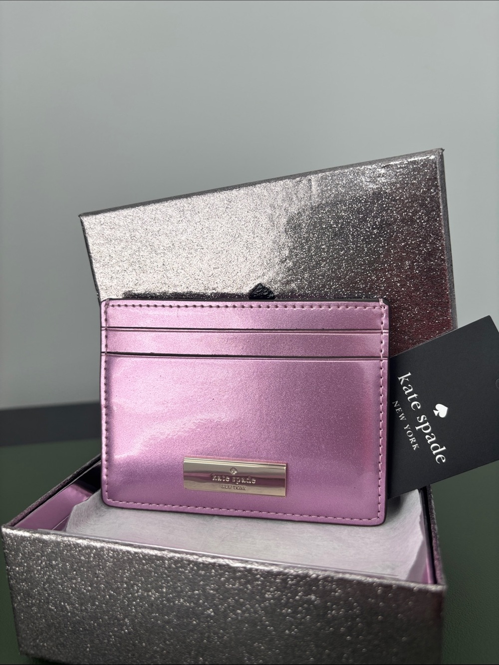 kate spade Metallic Pink Card Case with Gold Plaque